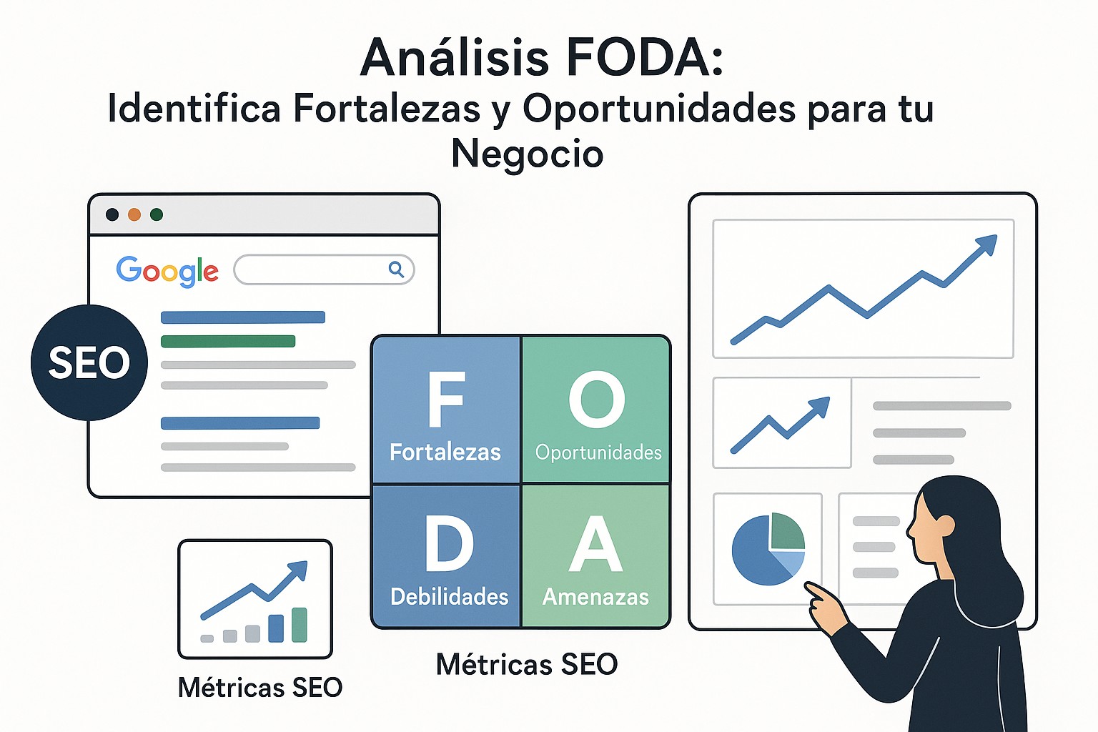 Equipo de profesionales analizando una matriz FODA en una oficina moderna, con gráficos y tablas de datos en una pantalla grande.