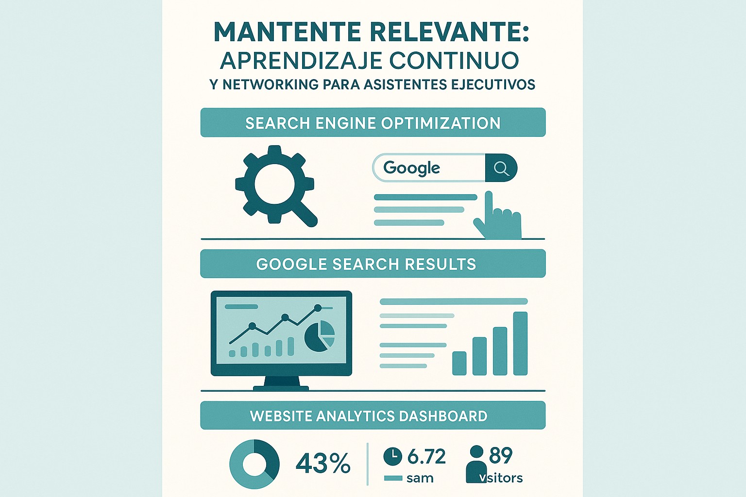 Infografía: guía visual con conceptos y datos clave sobre mantente relevante: aprendizaje continuo y networking para asistentes ejecutivos