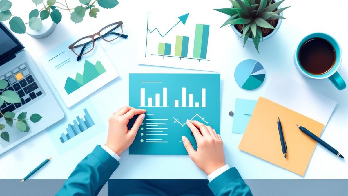 Escritorio de un analista financiero con estados contables, gráficos de flujo de caja y una calculadora, representando el control económico de la empresa