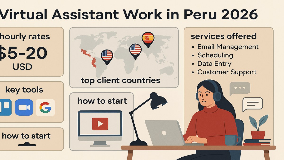 Infografía asistente virtual en Perú 2026: tarifas en soles, clientes, herramientas y primeros pasos