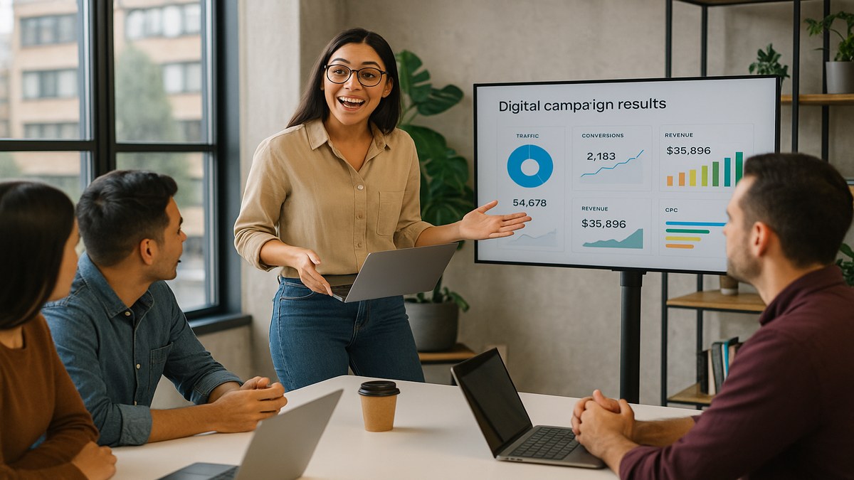 Profesional de marketing digital peruano presentando resultados de campaña a equipo en Lima