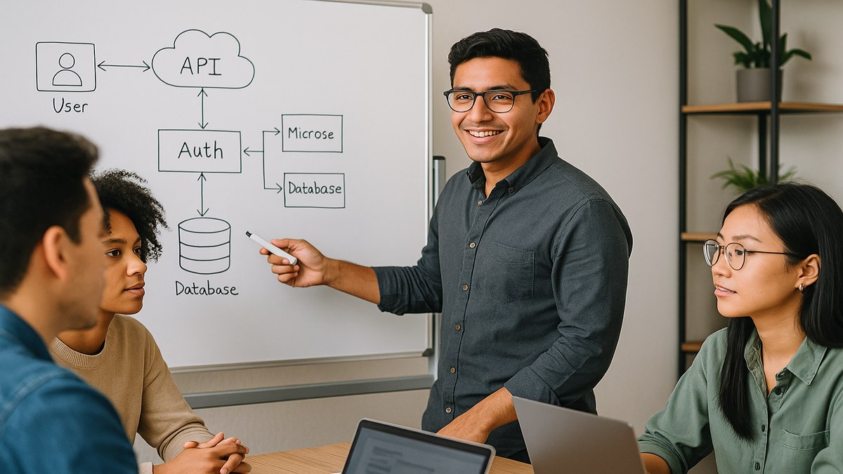 Equipo de desarrolladores peruanos discutiendo arquitectura de software en startup Lima
