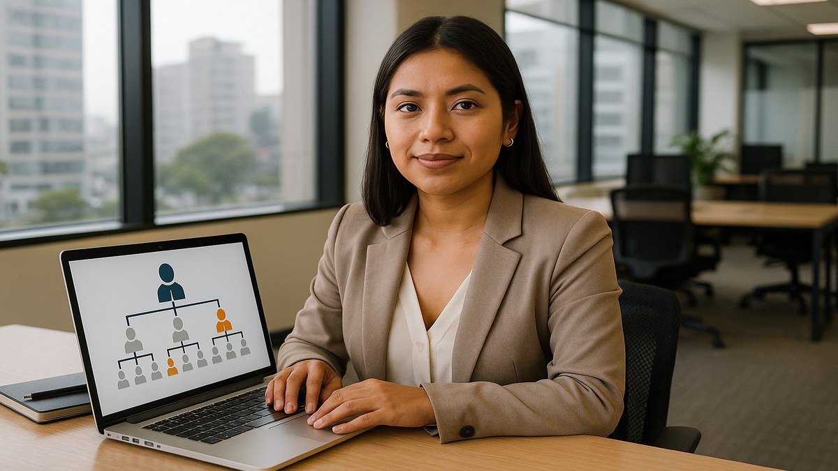 Joven profesional de Recursos Humanos en Lima revisando organigrama en laptop