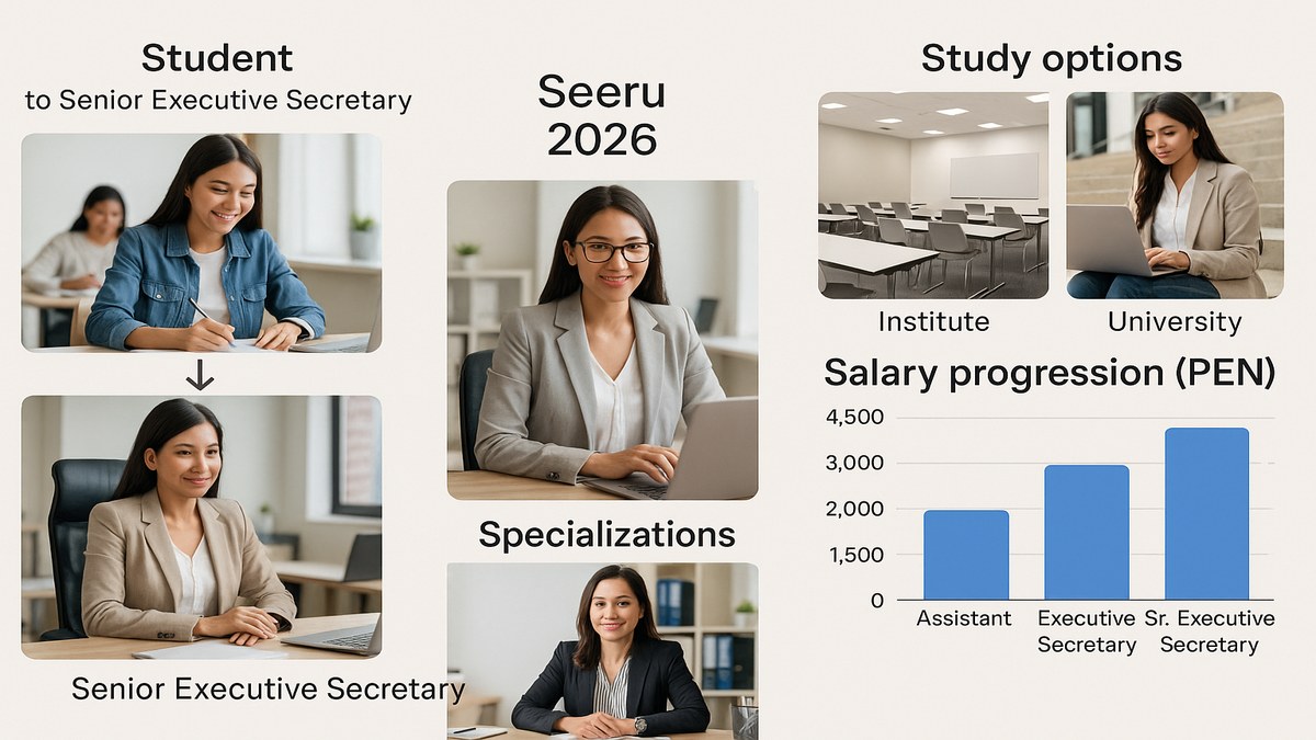 Infografía carrera secretariado ejecutivo en Perú 2026: opciones de estudio, sueldo y especializaciones