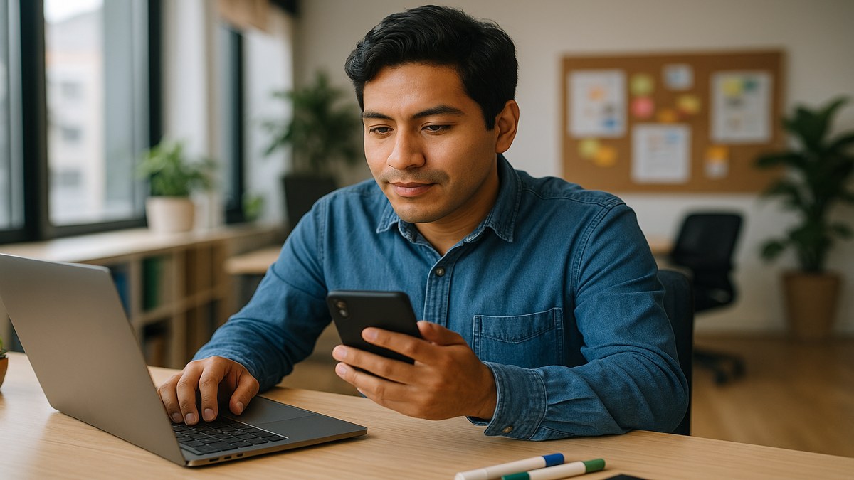 Community manager en Perú trabajando en escritorio con portátil y smartphone