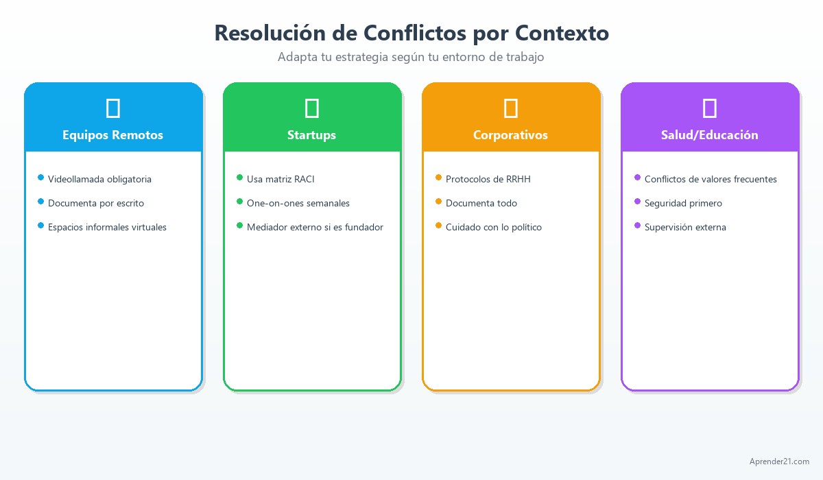 Infografía de resolución de conflictos por contexto: equipos remotos, startups, corporativos y salud/educación
