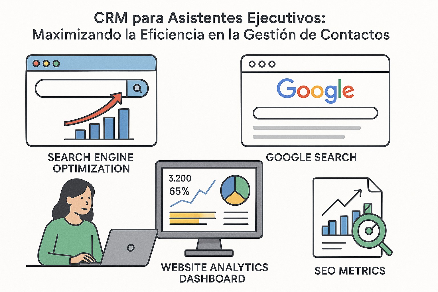 Asistente ejecutivo usando un CRM para coordinar reuniones y enviar comunicaciones estratégicas