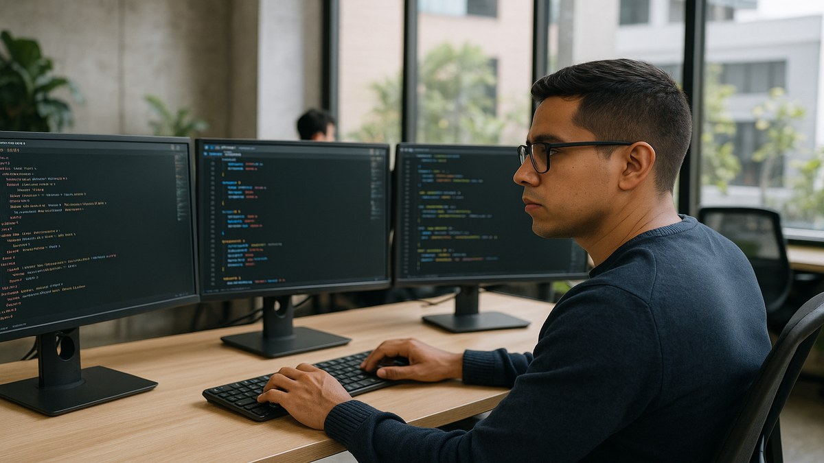 Desarrollador web en Lima trabajando con HTML CSS y JavaScript en pantallas múltiples