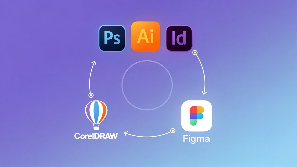 Ecosistema de software de dise&ntilde;o gr&aacute;fico: Adobe Creative Cloud, CorelDRAW, Figma en diagrama circular
