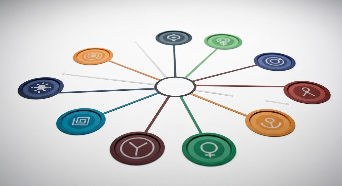 Graphic representation of the Enneagram with nine interconnected, colored circles symbolizing personality types.