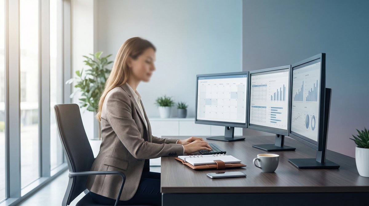 Secretaria ejecutiva trabajando en oficina moderna con computadora
