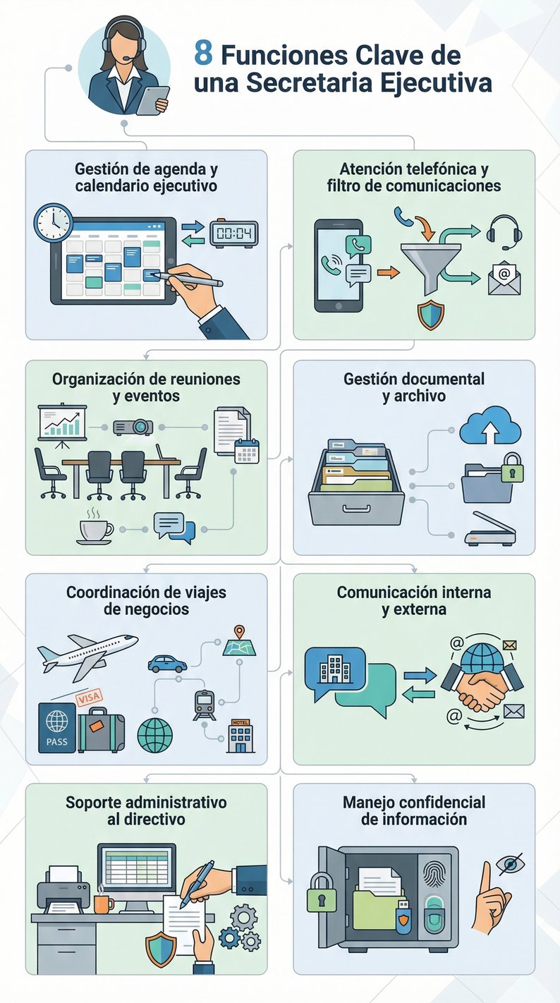 Infografía con las 8 funciones principales de una secretaria ejecutiva