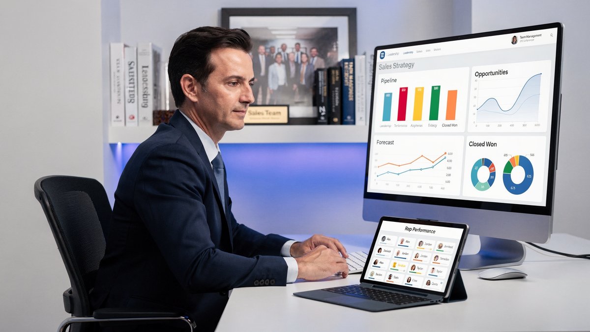 Gerente de ventas liderando equipo comercial y revisando KPIs