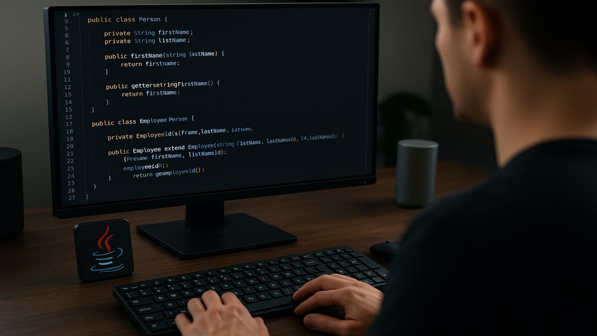 Ejemplo de código Java mostrando clases, herencia y métodos en IDE moderno