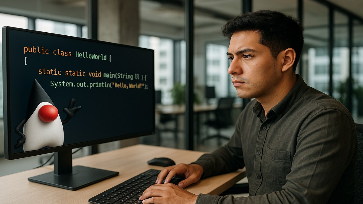 Desarrollador peruano aprendiendo Java en Lima, pantalla mostrando código orientado a objetos