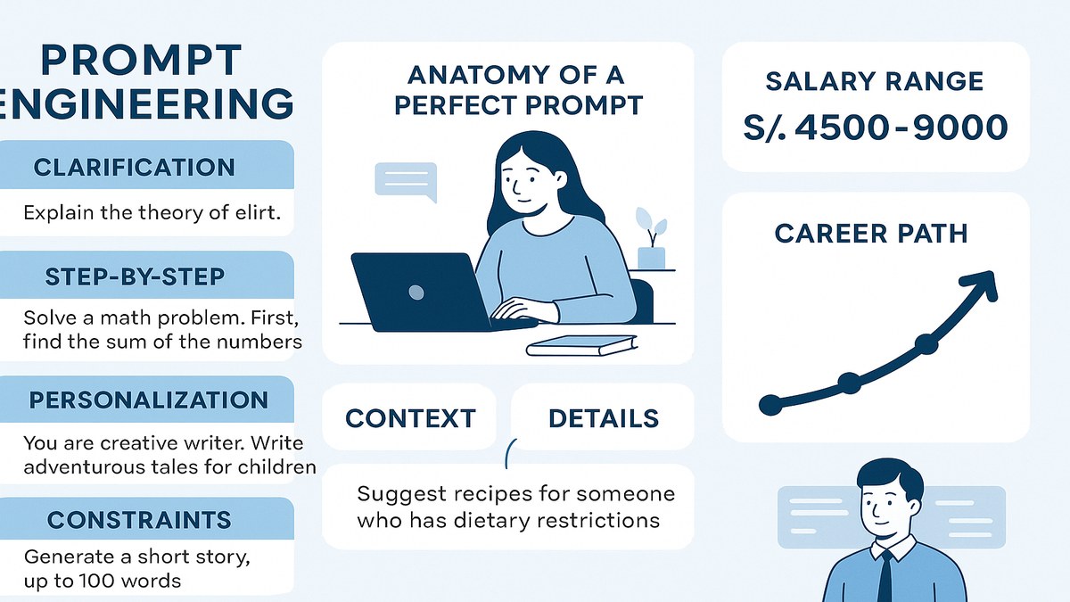 Infografía prompt engineering para peruanos 2026: anatomía del prompt perfecto, salarios, carrera