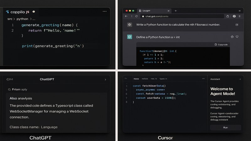 Comparación de cuatro herramientas de IA para programadores: GitHub Copilot integrado en VS Code, ChatGPT en el navegador, Claude con ventana de código largo, y Cursor IDE con modo agente