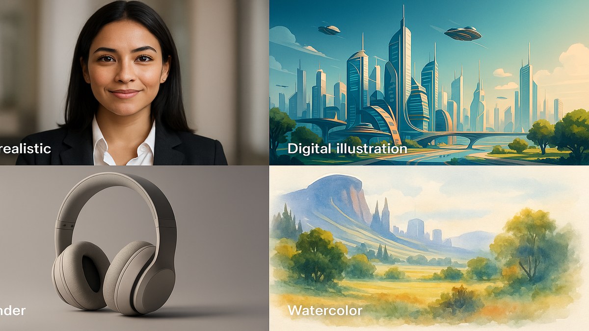 Cuatro imágenes generadas con IA mostrando distintos estilos: fotografía realista, ilustración digital, arte conceptual y diseño flat, con sus prompts correspondientes debajo