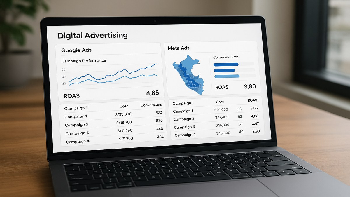 Panel de campañas de Google Ads y Meta Ads con métricas de ROAS para el mercado peruano