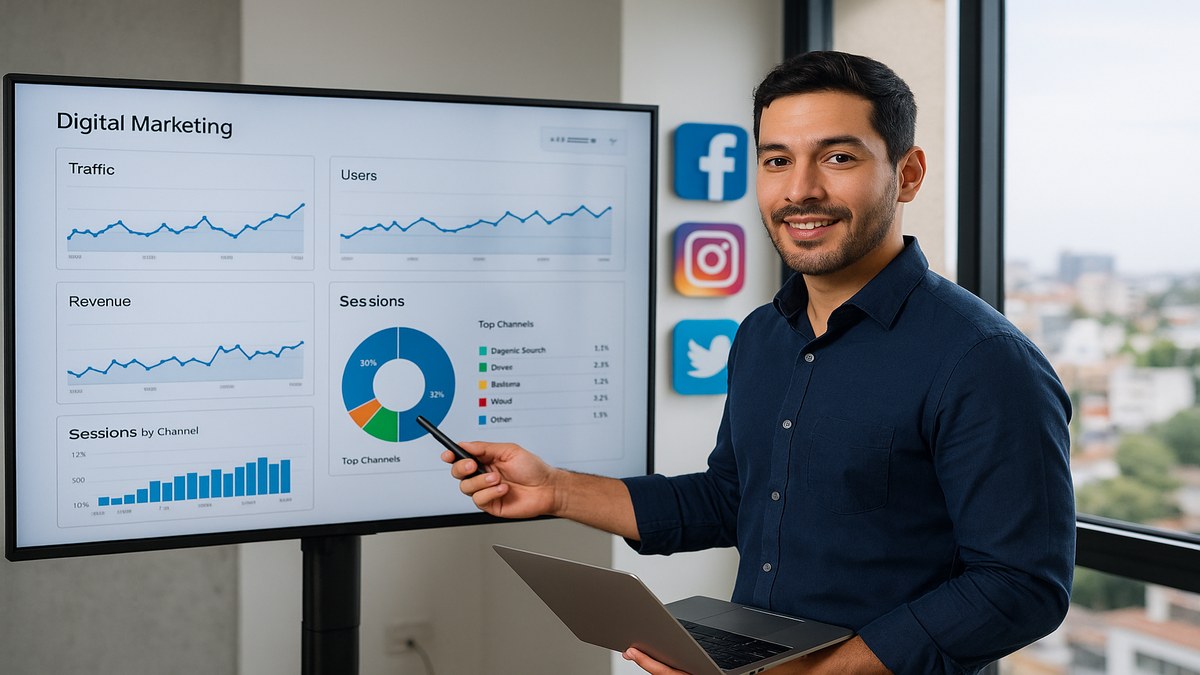 Profesional de marketing digital en Lima mostrando panel de analítica web en pantalla