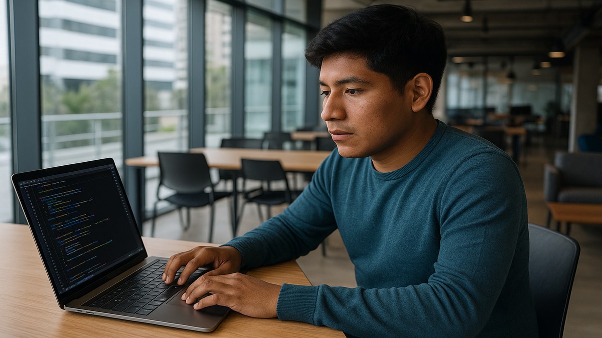Estudiante peruano aprendiendo a programar en laptop en espacio de coworking en Lima