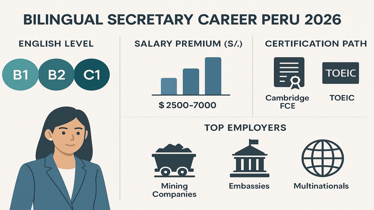Infografía secretaria bilingüe en Perú 2026: salarios, nivel inglés, certificaciones y ruta de carrera
