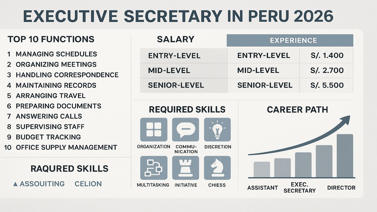Infografía secretaria ejecutiva en Perú 2026: funciones, sueldo, requisitos y carrera