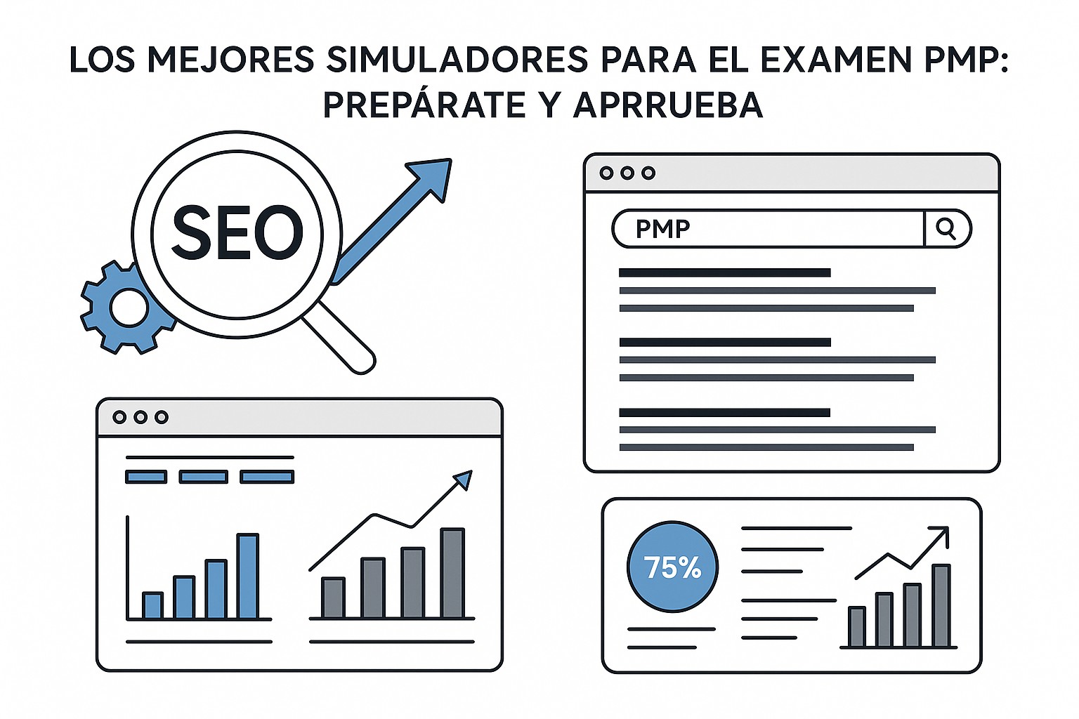 Persona concentrada usando un simulador PMP en una computadora, con gráficos que muestran progreso y resultados de exámenes.