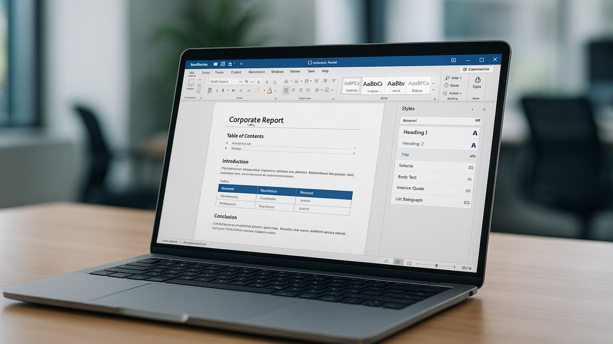 Pantalla de Microsoft Word con un informe profesional formateado, panel de estilos visible, tabla de contenidos automática y modo de revisión con comentarios
